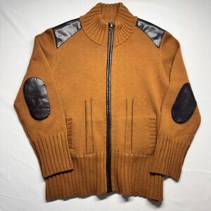 Terry Lewis Classic Luxuries Brown Full Zip Sweater Leather Patches Mens L